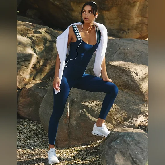 New Free People Time Out Onesie M Navy Blue Cutout Athletic Jumpsuit FP Movement - Picture 3 of 14